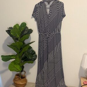 Robert Louis navy blue and White Geometric Maxi Dress with drawstring waist